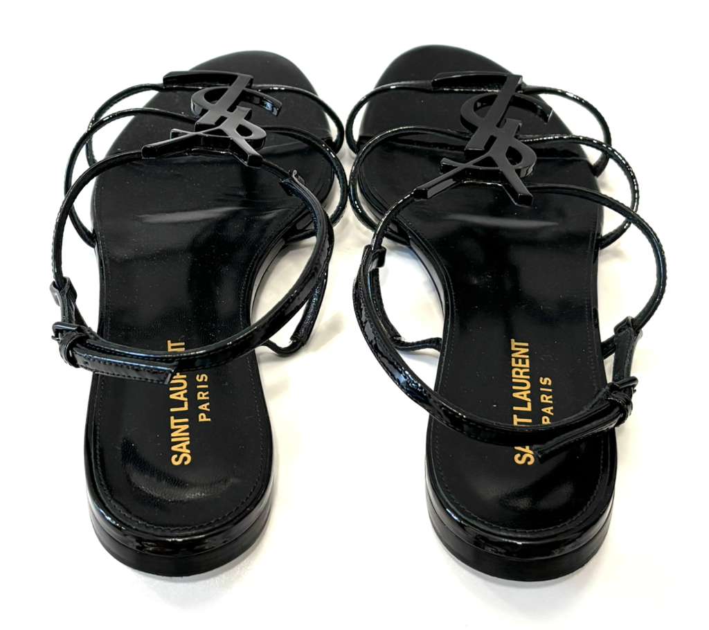YSL PATENT LEATHER CASSANDRA FLAT SANDALS
