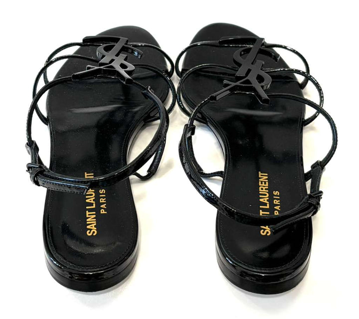 YSL PATENT LEATHER CASSANDRA FLAT SANDALS