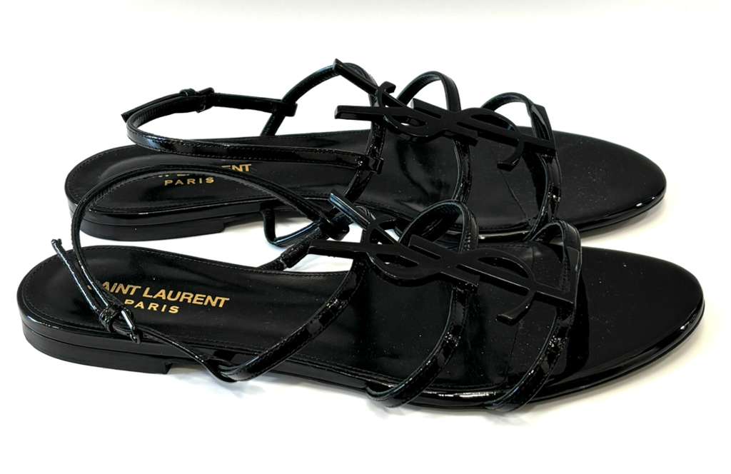YSL PATENT LEATHER CASSANDRA FLAT SANDALS