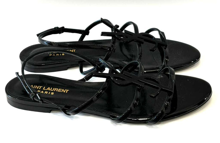 YSL PATENT LEATHER CASSANDRA FLAT SANDALS