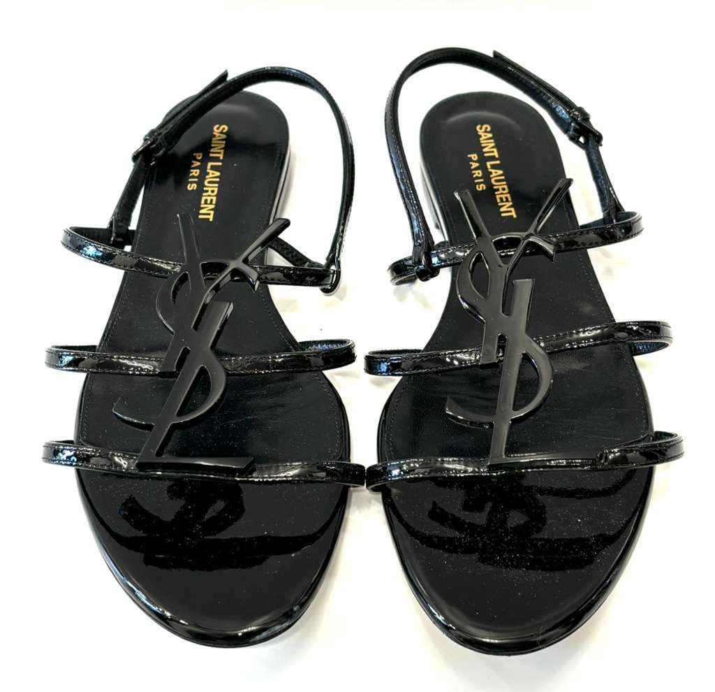 YSL PATENT LEATHER CASSANDRA FLAT SANDALS