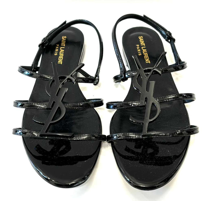 YSL PATENT LEATHER CASSANDRA FLAT SANDALS
