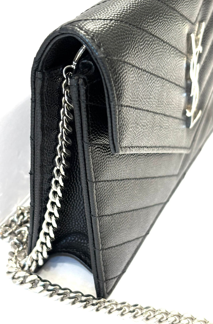 YSL GRAIN DE POUDRE CALFSKIN LEATHER MONOGRAM WALLET ON CHAIN