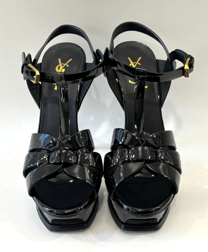 YSL TRIBUTE PATENT LEATHER PLATFORM SANDALS