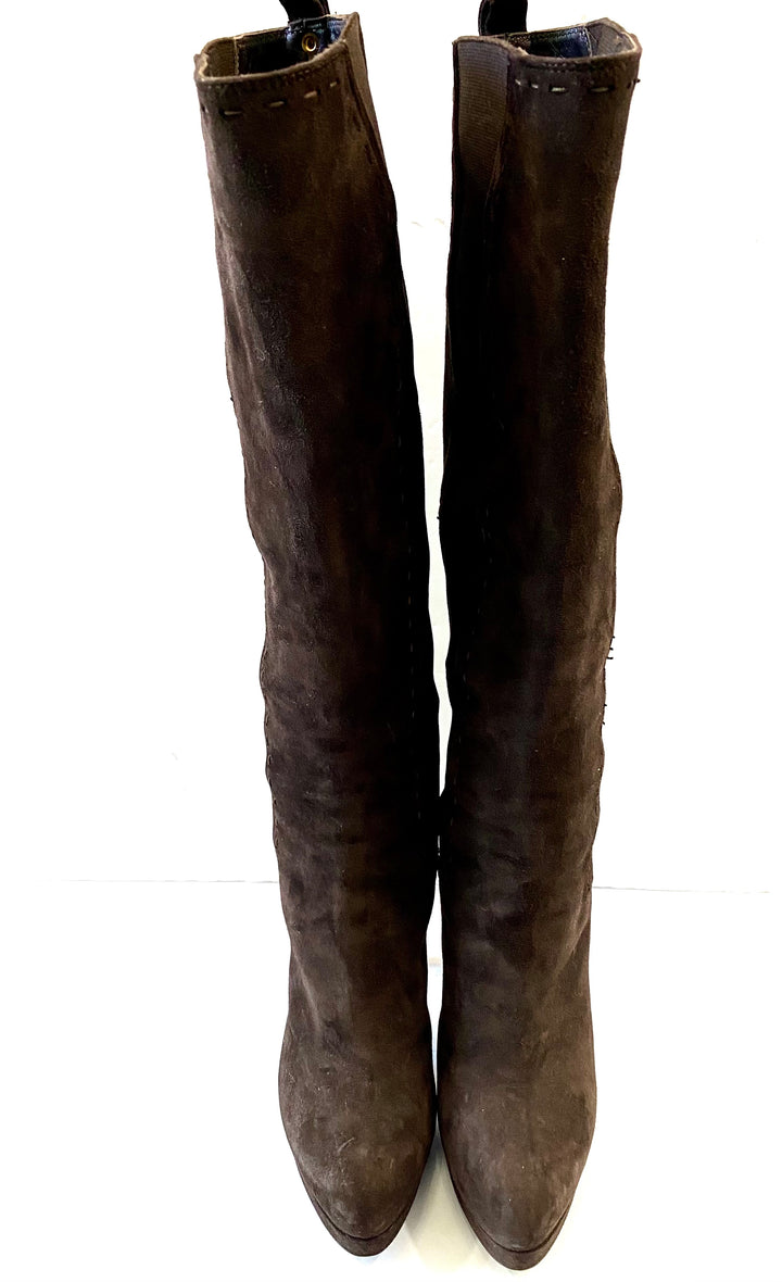 YSL SUEDE STITCHED DETAILS KNEE HIGH BOOTS