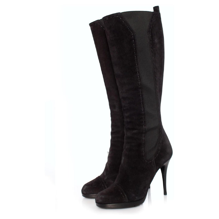 YSL SUEDE STITCHED DETAILS KNEE HIGH BOOTS