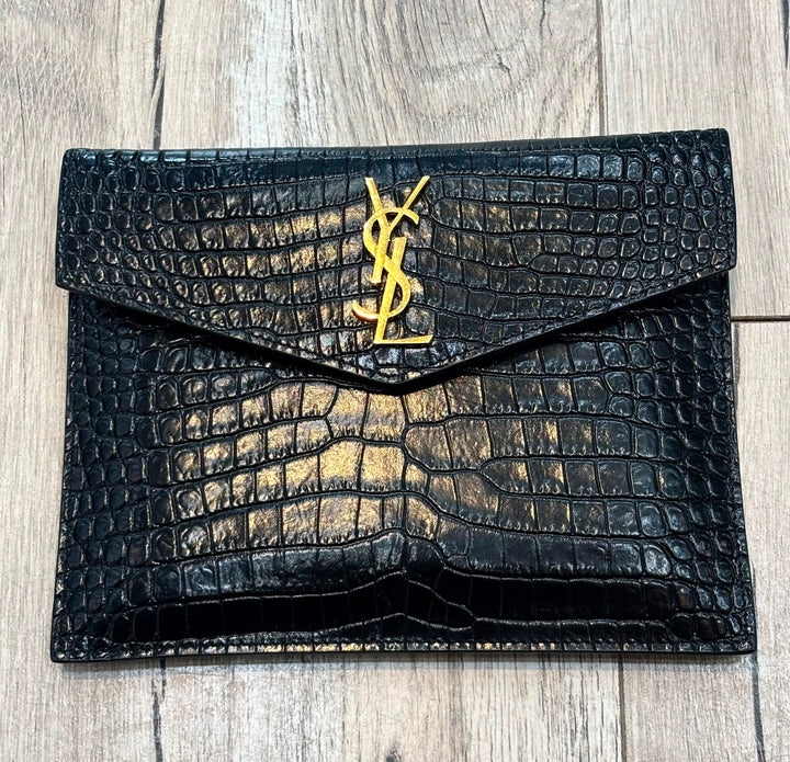 YSL CROCODILE-EMBOSSED CALFSKIN LEATHER UPTOWN POUCH CLUTCH
