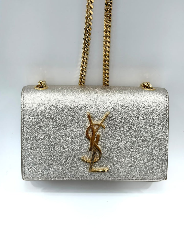 YSL METALLIC CALFSKIN MONOGRAM KATE CROSSBODY BAG