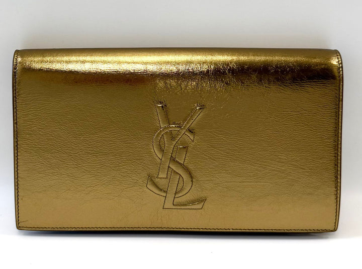 YSL METALLIC CALFSKIN MONOGRAM LARGE BELLE DE JOUR CLUTCH BAG