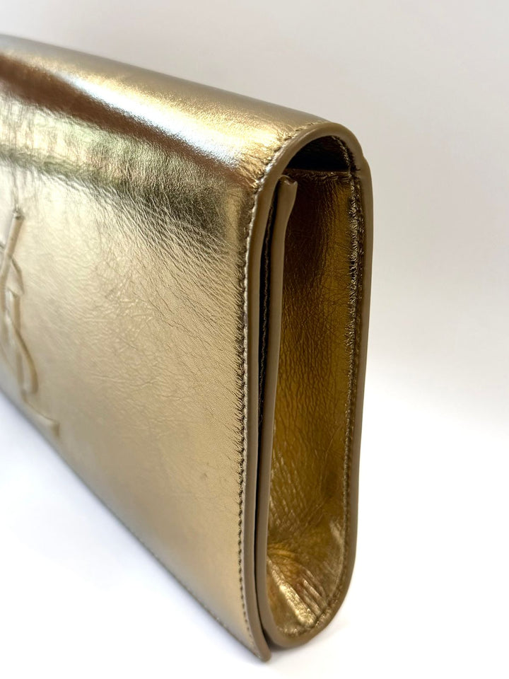 YSL METALLIC CALFSKIN MONOGRAM LARGE BELLE DE JOUR CLUTCH BAG