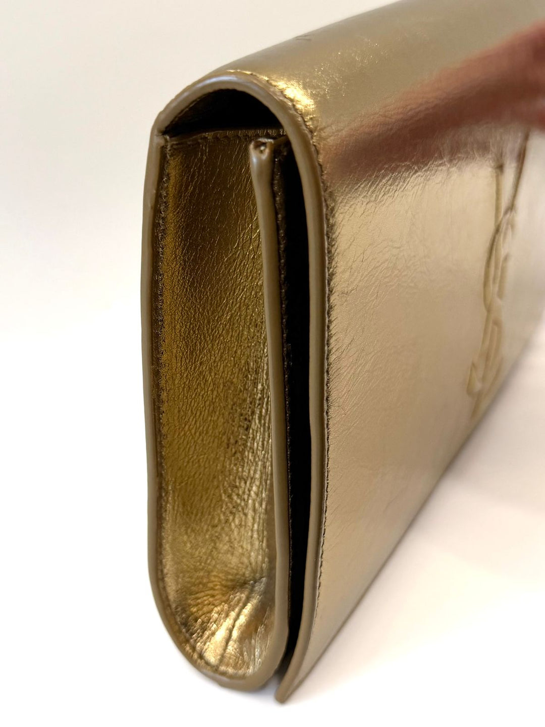 YSL METALLIC CALFSKIN MONOGRAM LARGE BELLE DE JOUR CLUTCH BAG