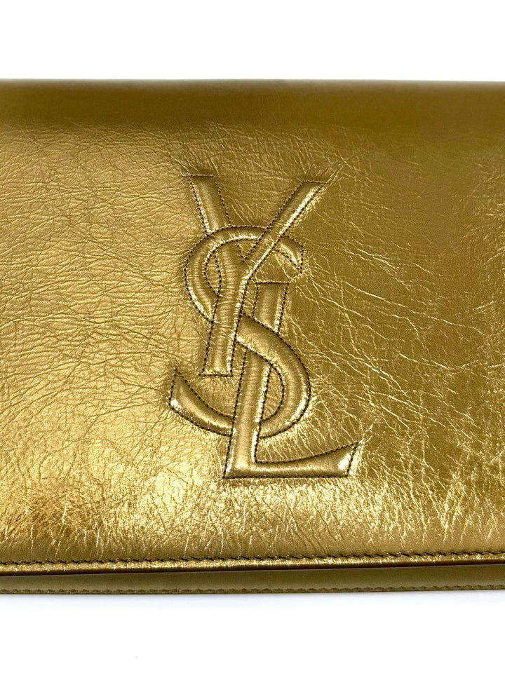 YSL METALLIC CALFSKIN MONOGRAM LARGE BELLE DE JOUR CLUTCH BAG
