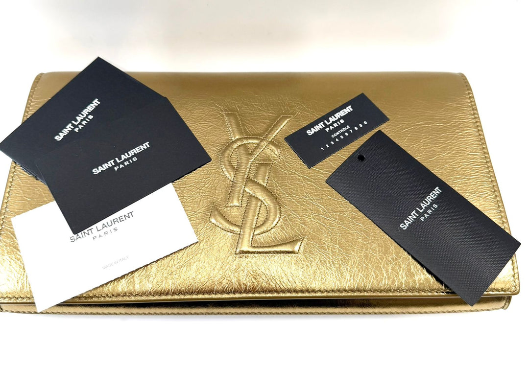 YSL METALLIC CALFSKIN MONOGRAM LARGE BELLE DE JOUR CLUTCH BAG