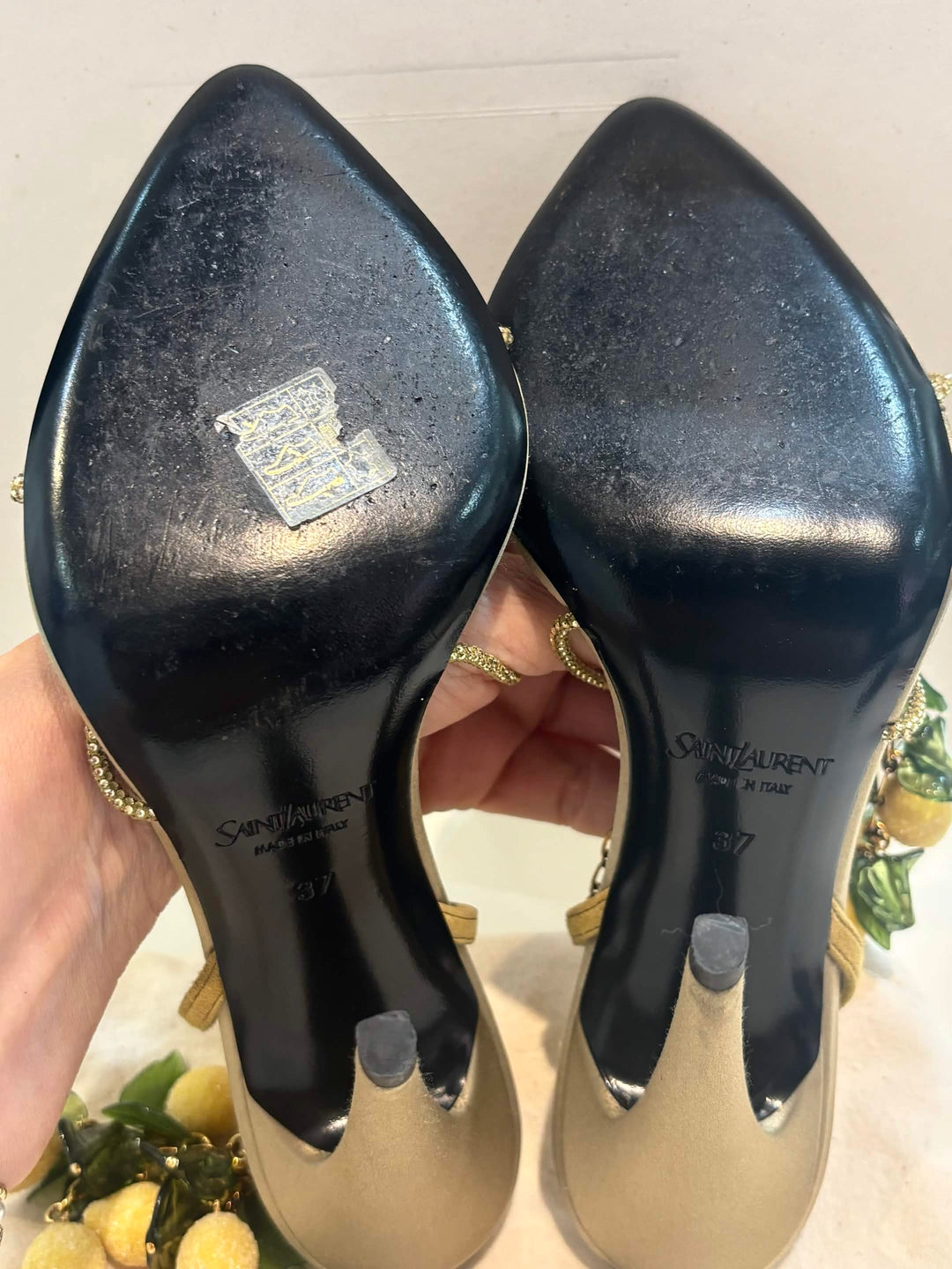 YSL MON CHÉRI EMBELLISHED HEELED SANDALS