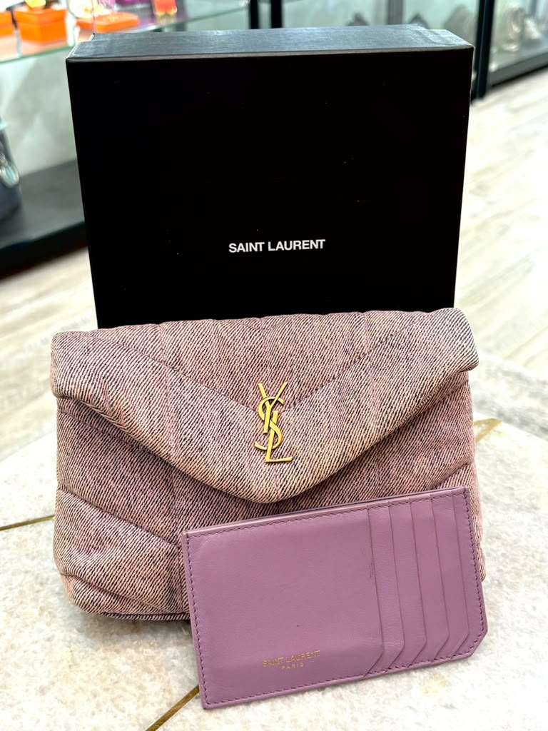 YSL DENIM QUILTED LOULOU PUFFER MONOGRAM POUCH CLUTCH BAG