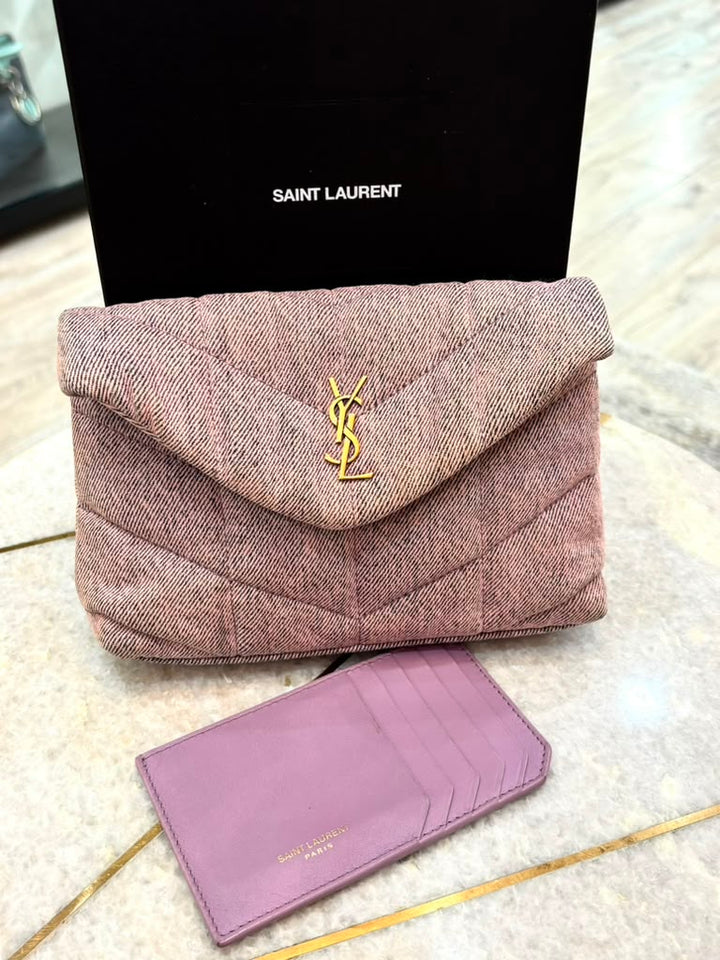 YSL DENIM QUILTED LOULOU PUFFER MONOGRAM POUCH CLUTCH BAG