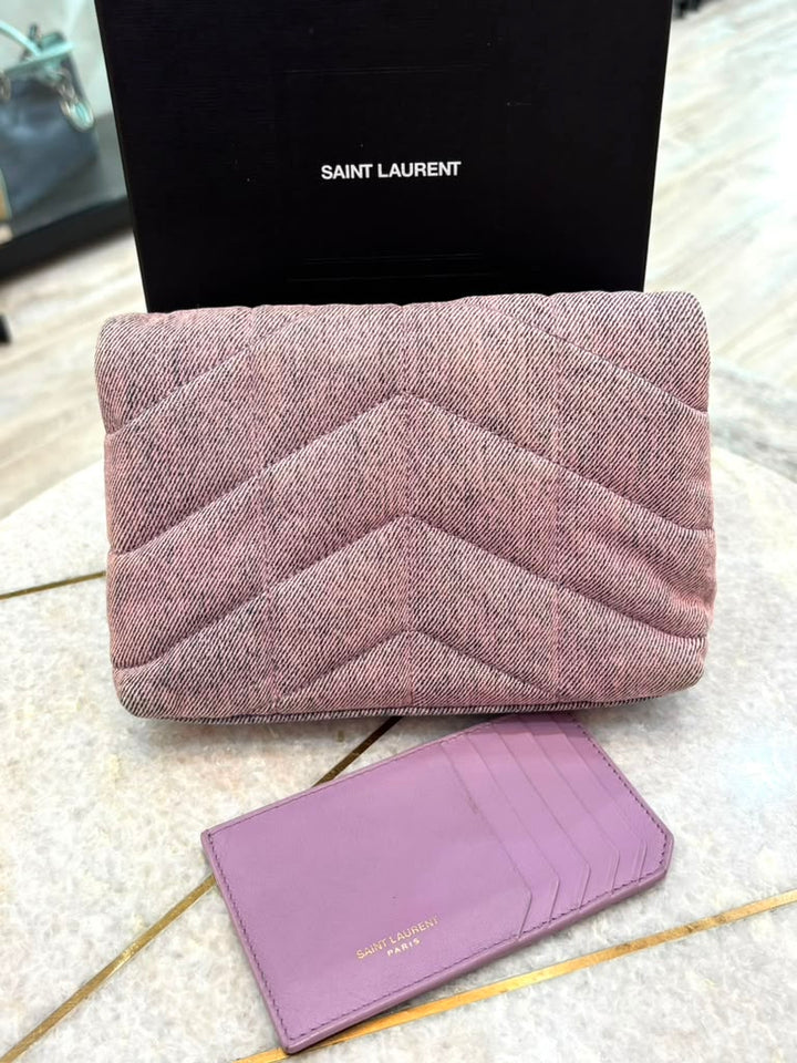 YSL DENIM QUILTED LOULOU PUFFER MONOGRAM POUCH CLUTCH BAG