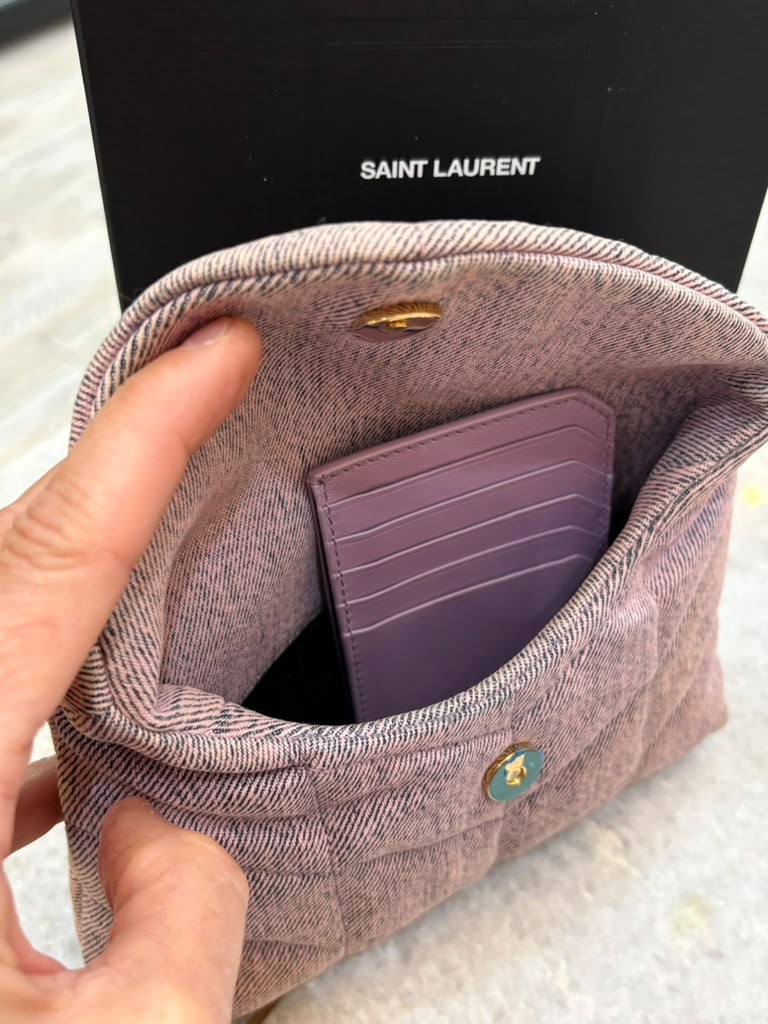 YSL DENIM QUILTED LOULOU PUFFER MONOGRAM POUCH CLUTCH BAG