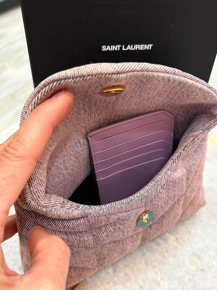 YSL DENIM QUILTED LOULOU PUFFER MONOGRAM POUCH CLUTCH BAG