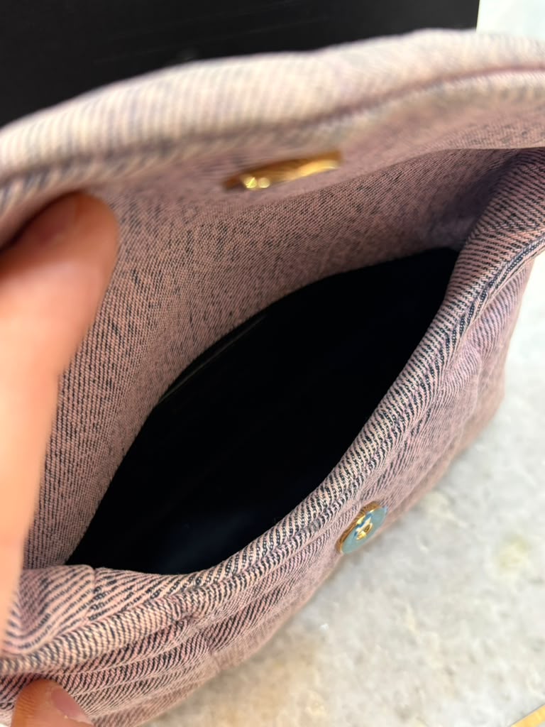 YSL DENIM QUILTED LOULOU PUFFER MONOGRAM POUCH CLUTCH BAG
