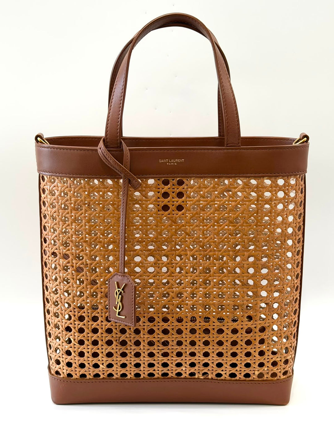 YSL WOVEN CANE CALFSKIN NORTH SOUTH SHOPPER TOTE BAG