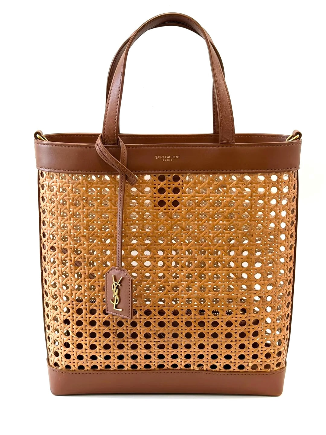 YSL WOVEN CANE CALFSKIN NORTH SOUTH SHOPPER TOTE BAG