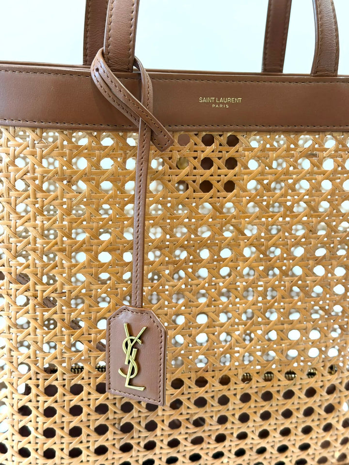 YSL WOVEN CANE CALFSKIN NORTH SOUTH SHOPPER TOTE BAG
