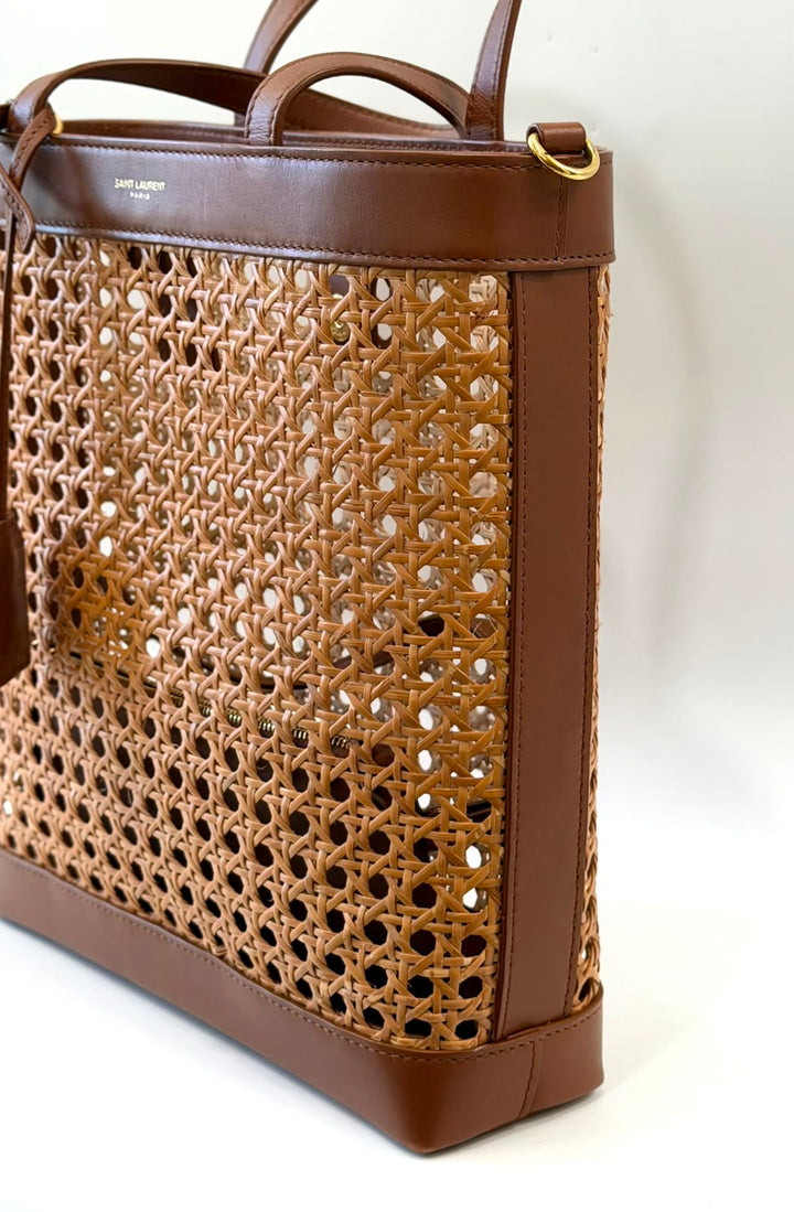 YSL WOVEN CANE CALFSKIN NORTH SOUTH SHOPPER TOTE BAG