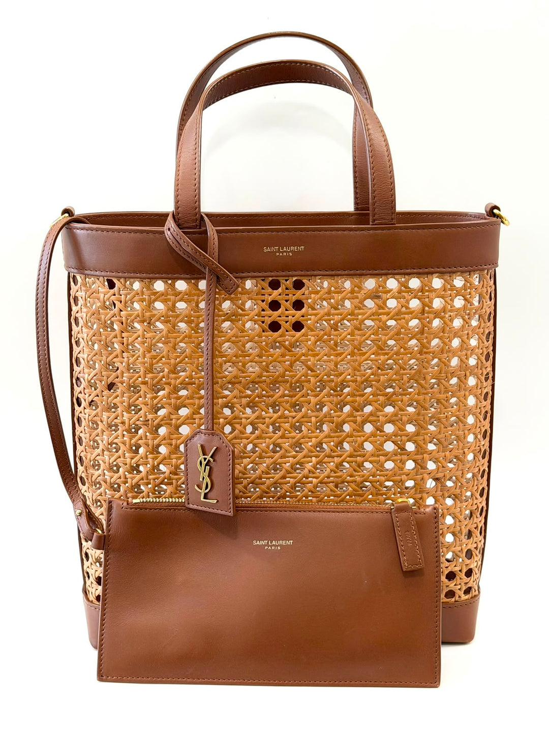 YSL WOVEN CANE CALFSKIN NORTH SOUTH SHOPPER TOTE BAG