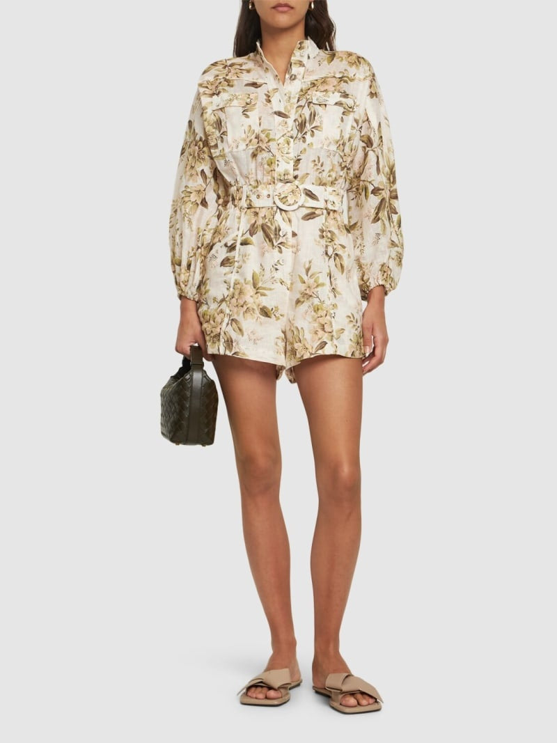 ZIMMERMAN GOLDEN PRINTED LINEN BELTED ROMPER