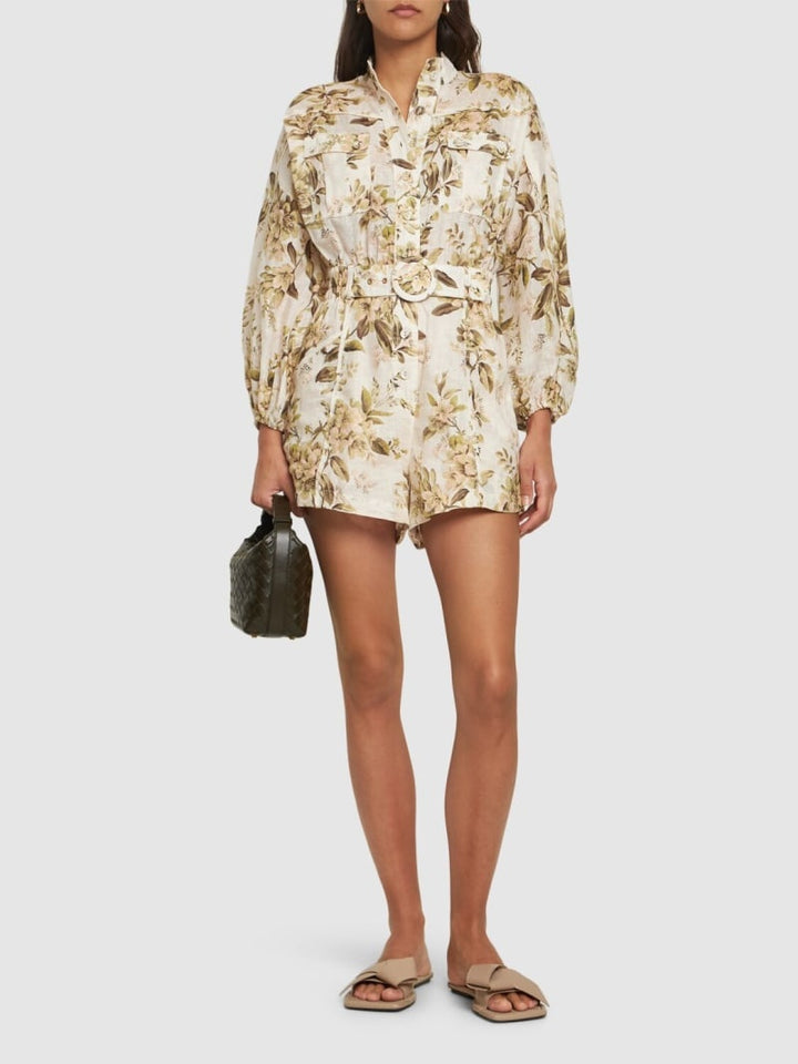 ZIMMERMAN GOLDEN PRINTED LINEN BELTED ROMPER