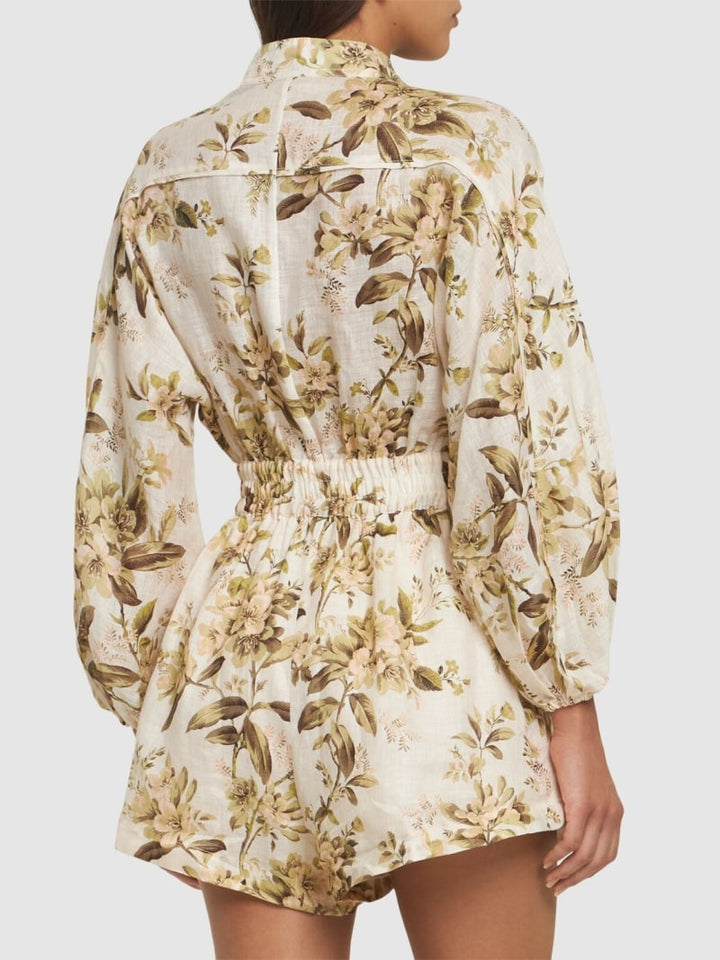ZIMMERMAN GOLDEN PRINTED LINEN BELTED ROMPER