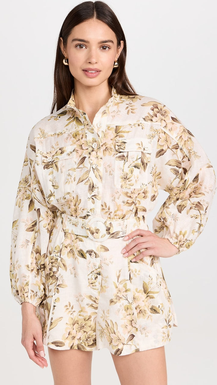 ZIMMERMAN GOLDEN PRINTED LINEN BELTED ROMPER
