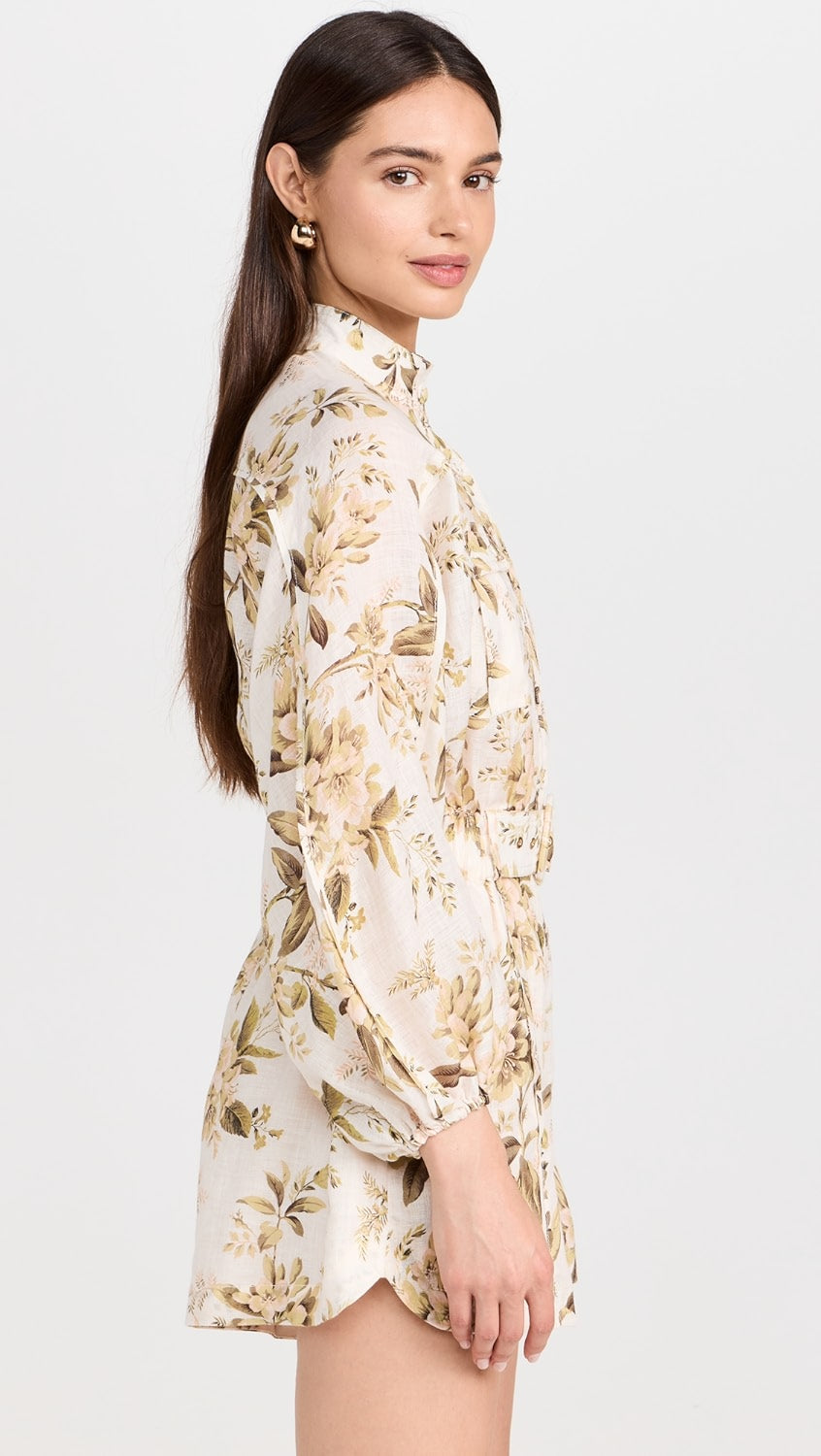ZIMMERMAN GOLDEN PRINTED LINEN BELTED ROMPER