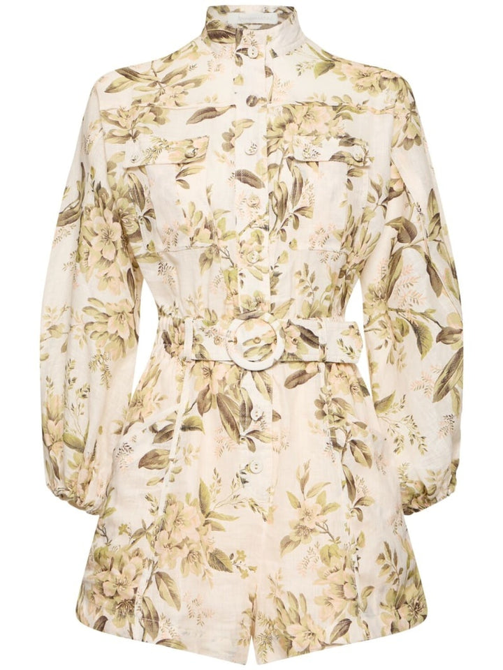 ZIMMERMAN GOLDEN PRINTED LINEN BELTED ROMPER