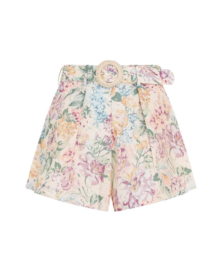 ZIMMERMANN FLORAL HALLIDAY LINEN BELTED SHORTS
