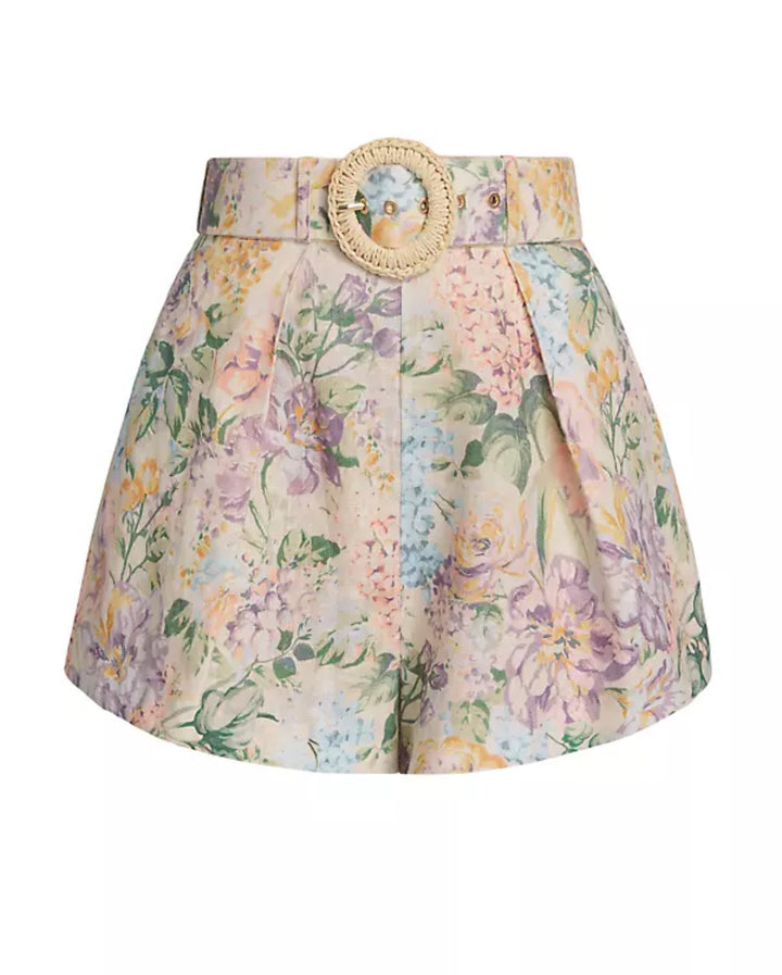 ZIMMERMANN FLORAL HALLIDAY LINEN BELTED SHORTS