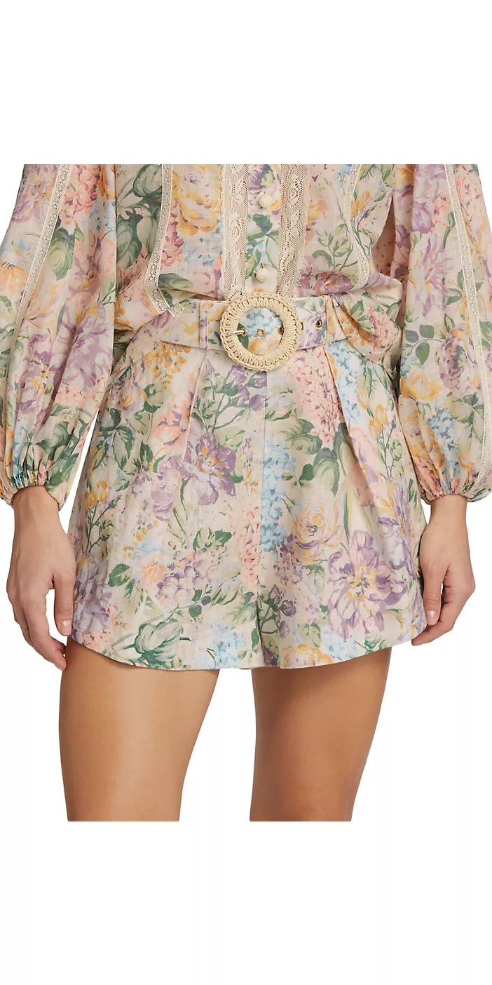 ZIMMERMANN FLORAL HALLIDAY LINEN BELTED SHORTS