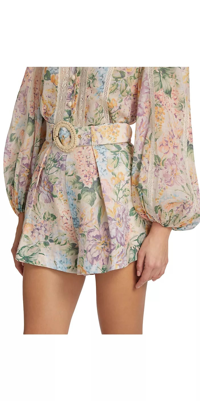 ZIMMERMANN FLORAL HALLIDAY LINEN BELTED SHORTS
