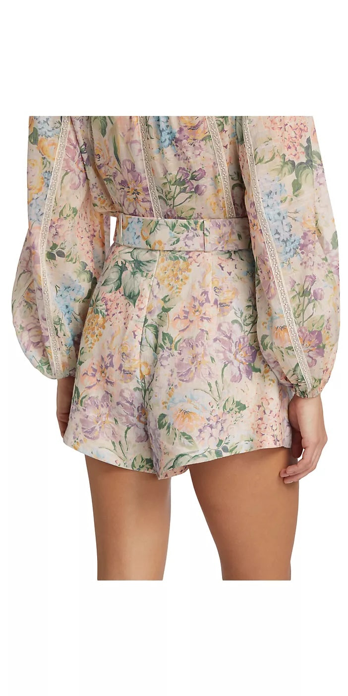 ZIMMERMANN FLORAL HALLIDAY LINEN BELTED SHORTS