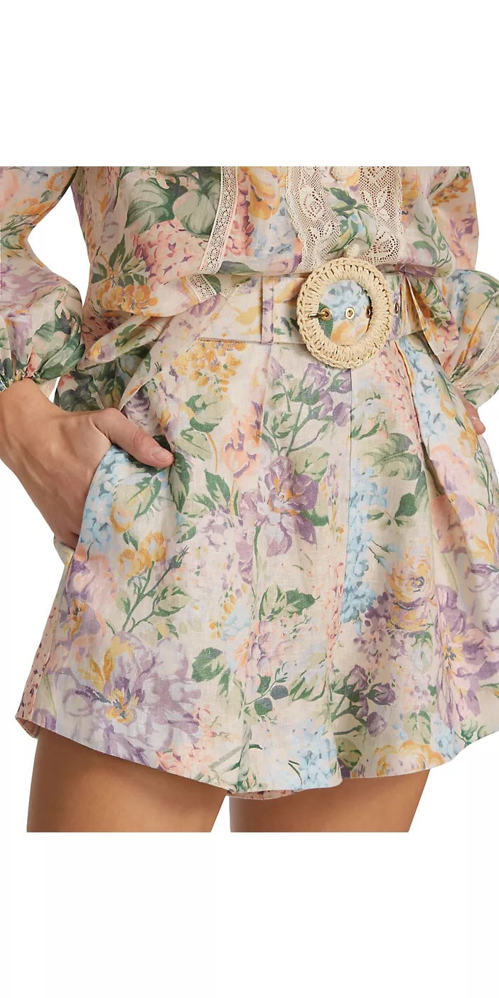 ZIMMERMANN FLORAL HALLIDAY LINEN BELTED SHORTS