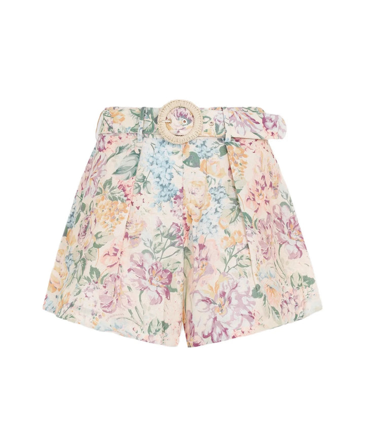 ZIMMERMANN FLORAL HALLIDAY LINEN BELTED SHORTS