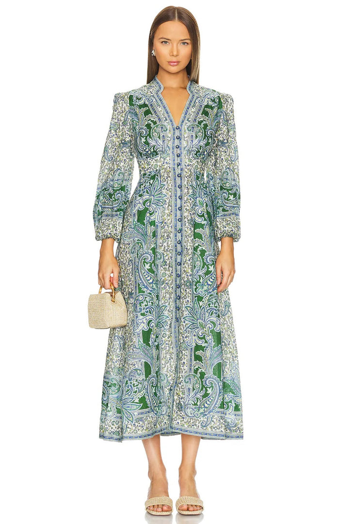 ZIMMERMANN OTTIE PLUNGE PAISLEY LINEN MIDI DRESS
