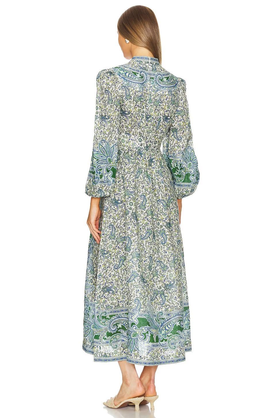 ZIMMERMANN OTTIE PLUNGE PAISLEY LINEN MIDI DRESS