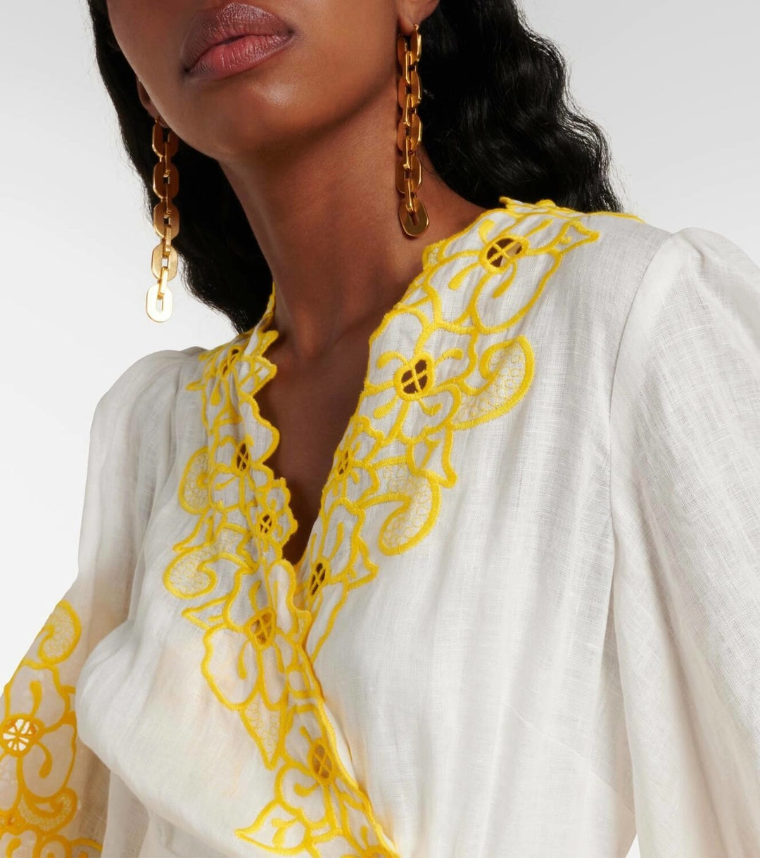 ZIMMERMANN GOLDEN EMBROIDERED ANGLAISE LINEN WRAP DRESS
