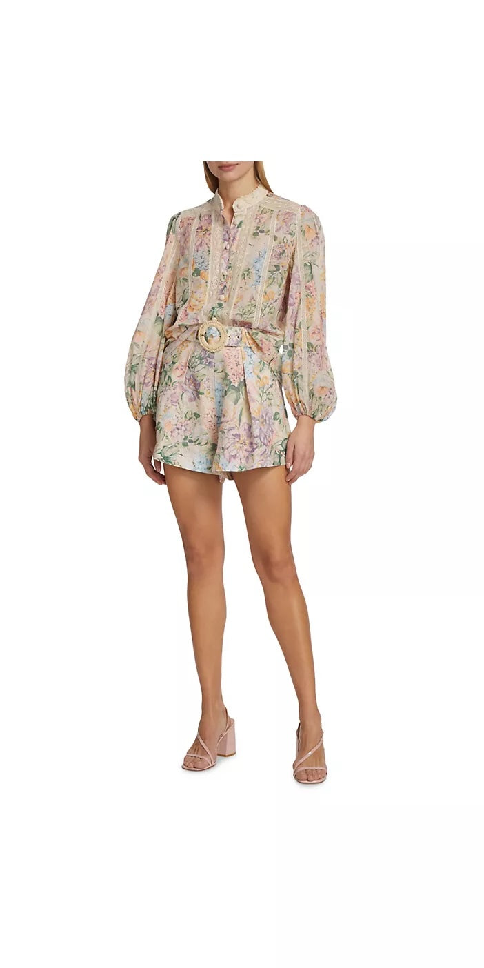 ZIMMERMANN HALLIDAY COTTON PRINTED LACE TRIM BLOUSE