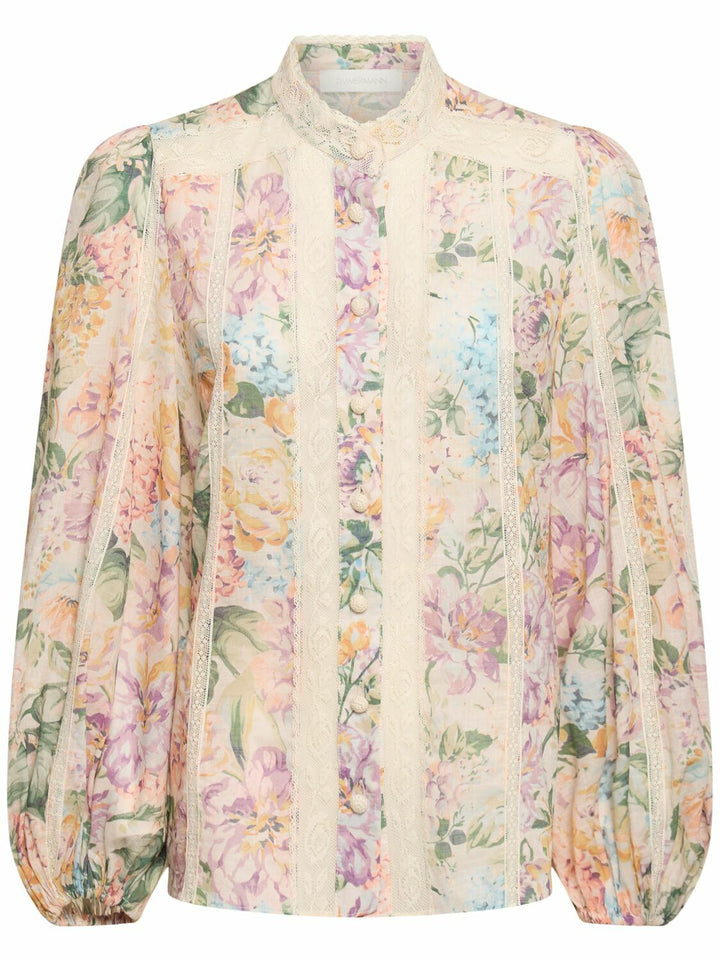 ZIMMERMANN HALLIDAY COTTON PRINTED LACE TRIM BLOUSE