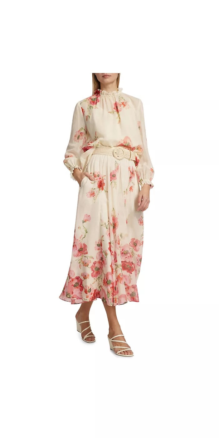 ZIMMERMANN LIGHTBURST FLORAL COTTON SILK BLEND SKIRT