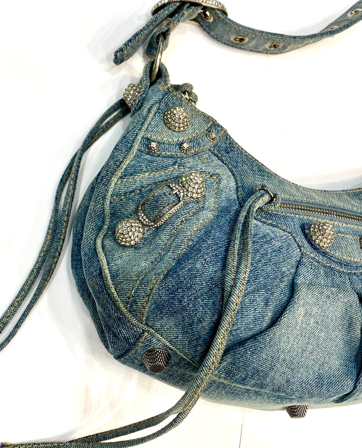 BALENCIAGA LE CAGOLE SMALL DENIM CRYSTAL SHOULDER BAG