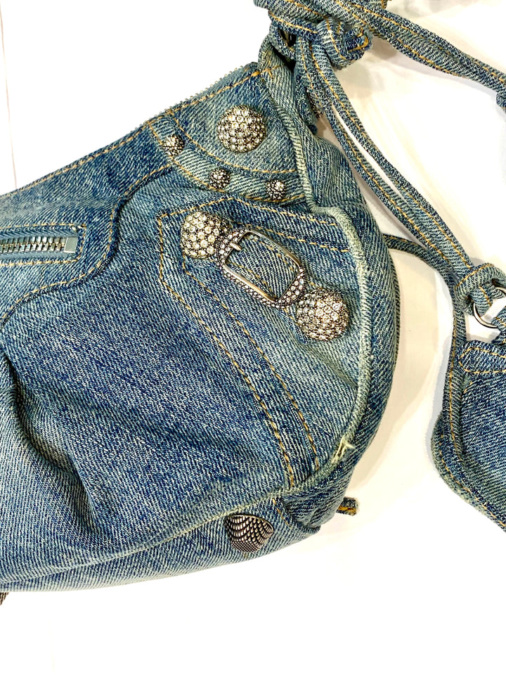 BALENCIAGA LE CAGOLE SMALL DENIM CRYSTAL SHOULDER BAG